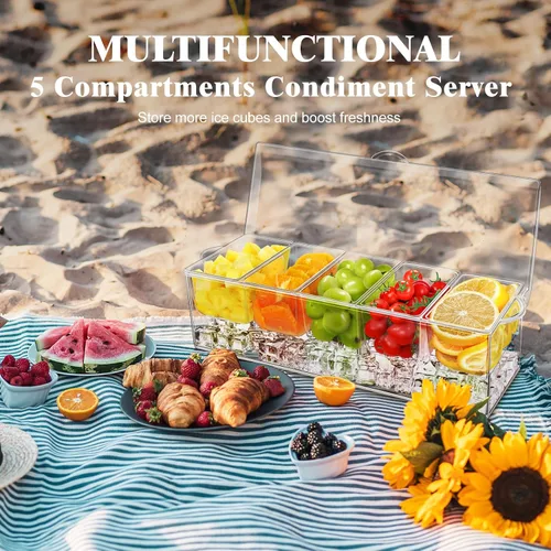 Miniatura 6 de Servidor de condimentos de 5 compartimentos, recipientes de condimentos enfriados con hielo, bandeja transparente para servir condimentos sobre