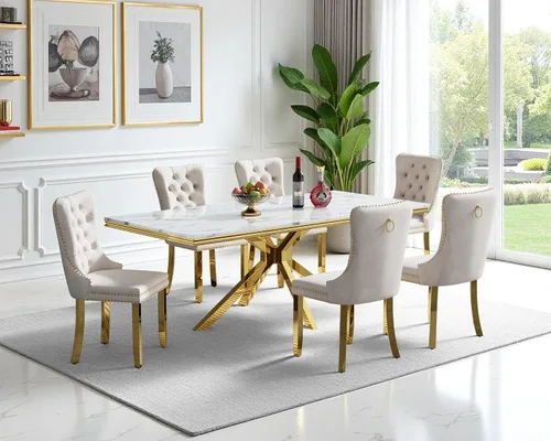 Juego de mesa de comedor de mármol para 6, mesa de cocina rectangular de mármol blanco de 70 pulgadas con patas en X de acero inoxidable dorado,