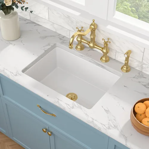 Miniatura 2 de Sarlai Fregadero de cocina blanco de 27 pulgadas de 27 x 19 pulgadas, fregadero de cocina blanco de doble caída y montaje inferior, de arcilla