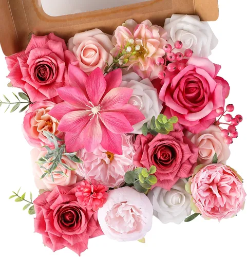 Miniatura 11 de Floweroyal Flores Artificiales Rosadas Flores de Rosa Falsas Dalia con Tallos para Ramos de Novia de Boda DIY, Baby Shower, Arreglo Floral, Centros