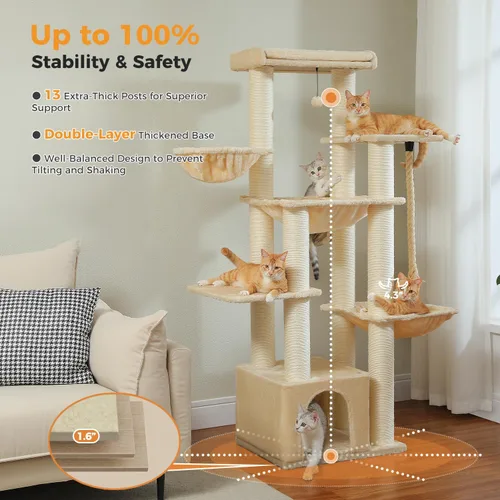 Miniatura 7 de Árbol para gatos resistente de 67 pulgadas para gatos grandes adultos de interior, torre XXL para gatos con 13 postes rascadores gruesos (φ4.3)