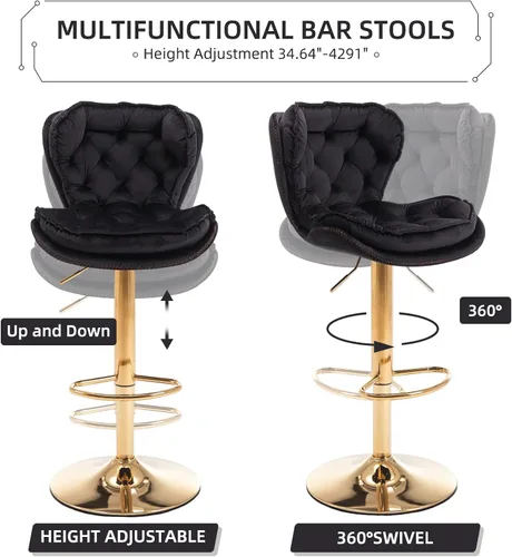 Miniatura 6 de Taburete de bar moderno giratorio de altura de pub, silla de comedor alta con asiento de terciopelo, respaldo, taburete hidráulico sin brazos, Negro
