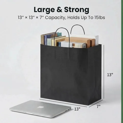 Miniatura 3 de PAICUIKE 100 bolsas grandes de papel negro con asas, bolsas de compras a granel de 13 x 7 x 13 pulgadas para pequeñas empresas, regalo para el día