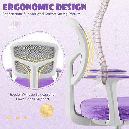Miniatura 5 de GLACER Silla de escritorio para niños, silla de estudio giratoria de malla ajustable con ruedas, brazos, silla ergonómica para computadora