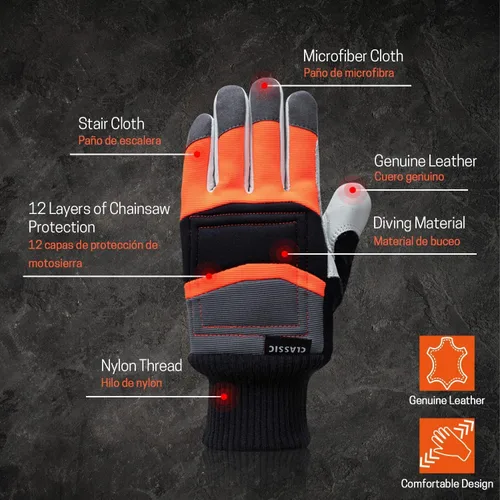 Miniatura 2 de Guantes de motosierra: cuero anticorte con protección de motosierra de 12 capas en la parte posterior de la mano izquierda, clásicos