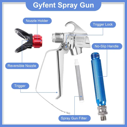 Miniatura 3 de Kit de pistola pulverizadora de pintura sin aire Gyfent de 14 piezas para bricolaje, pistola de pulverización sin aire de 3600PSI con manguera