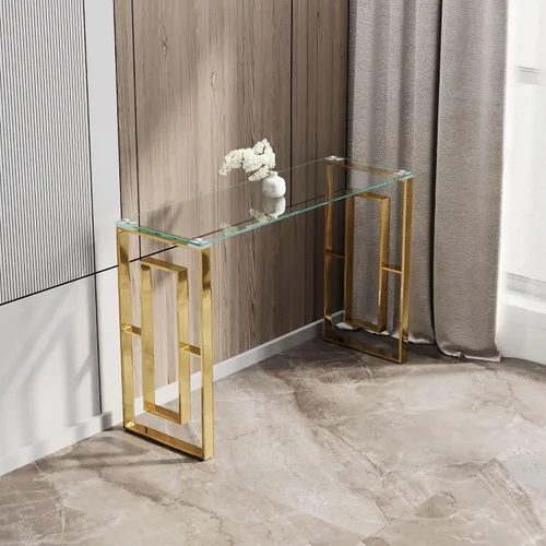 Miniatura 7 de SSLine Mesa consola de vidrio templado, mesa de sofá de cristal transparente con marco de acero inoxidable, mesas de entrada doradas para pasillo