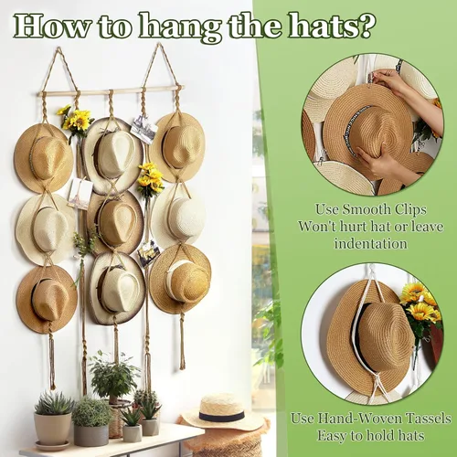 Miniatura 4 de Organizador de Sombreros de Macramé para Pared 15 Clips 31x53 Pulgadas Colgadores Grandes Exhibidor para Sombreros Fedora para Soporte de Sombreros