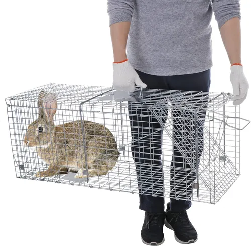 Miniatura 4 de ANT MARCH Trampa de jaula para animales vivos con guantes de 37 x 13.5 x 14.5 pulgadas, jaula grande de acero para roedores para conejos, gatos