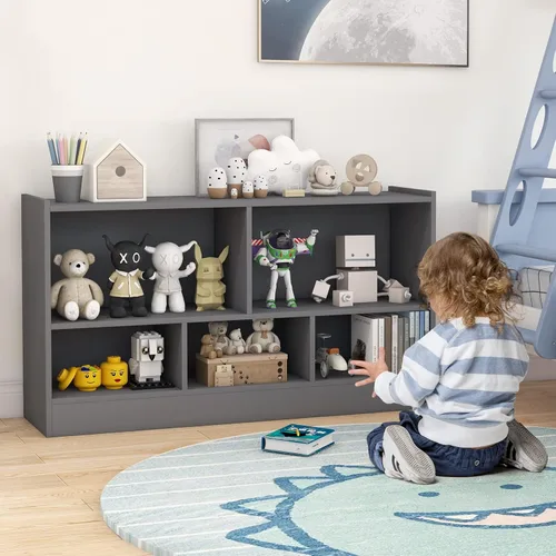 Miniatura 2 de MEDIMALL Organizador de almacenamiento de juguetes para niños de 5 cubos, estante de almacenamiento de madera de 2 niveles para libros y juguetes
