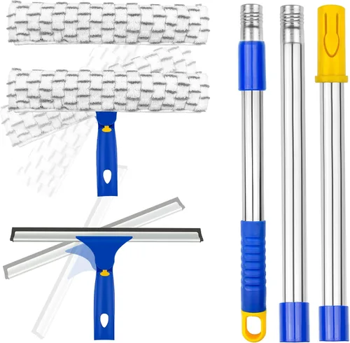 Kit de limpieza de ventanas con poste extensible, escobilla de 10 pulgadas y combo de limpiador de microfibra de 11 pulgadas con poste de acero