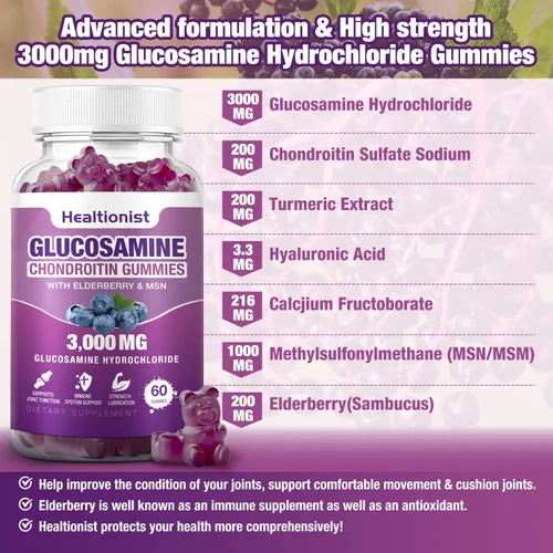 Miniatura 3 de 2 paquetes de 3000 mg de gomitas de glucosamina y condroitina con MSM y saúco - suplemento de salud articular de fuerza extra, flexibilidad, apoyo