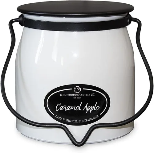 Milkhouse Candle Company Vela de soja de manzana y caramelo, rodajas de manzana, canela, perfumada a vainilla dulce, tarro de mantequilla de 16
