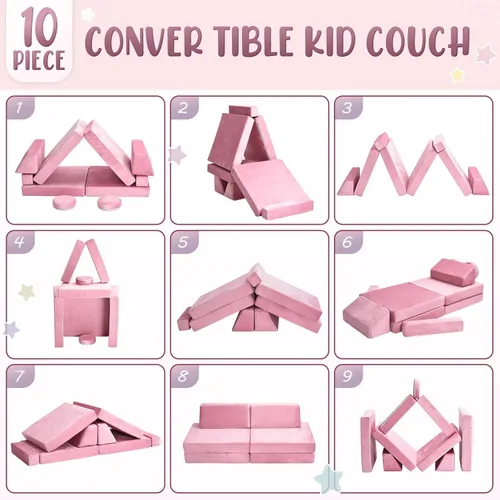 Miniatura 6 de Sofá de juegos para niños, sofá de 10 piezas para sala de juegos y dormitorio, modular para jugar, crear, dormir (rosa)