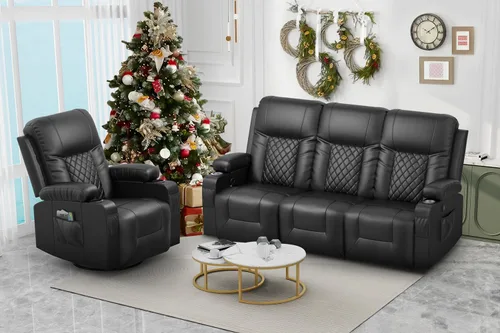 Miniatura 23 de FURNIMAT Sofá reclinable, sofá reclinable doble de 3 asientos, sofá biplaza de piel sintética, moderna silla reclinable para sala de estar, con Negro