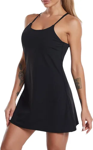 Vestido de tenis sin mangas para mujer con brasier y pantalones cortos integrados para entrenamiento de golf, vestidos atléticos con bolsillos