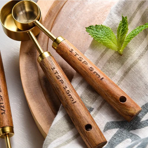 Miniatura 8 de JASHII Juego de 8 tazas y cucharas medidoras doradas con mango de madera de acacia, herramientas de cocina de acero inoxidable para cocinar hornear
