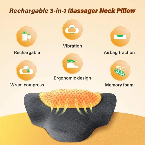 Miniatura 2 de Almohada masajeadora de cuello recargable 3 en 1 con calor, vibración y tracción de aire, almohada térmica para el cuello, joroba, relajación Negro