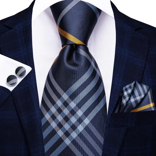 Miniatura 299 de Hi-Tie Corbata clásica de cachemira para hombre con pañuelo y gemelos a cuadros