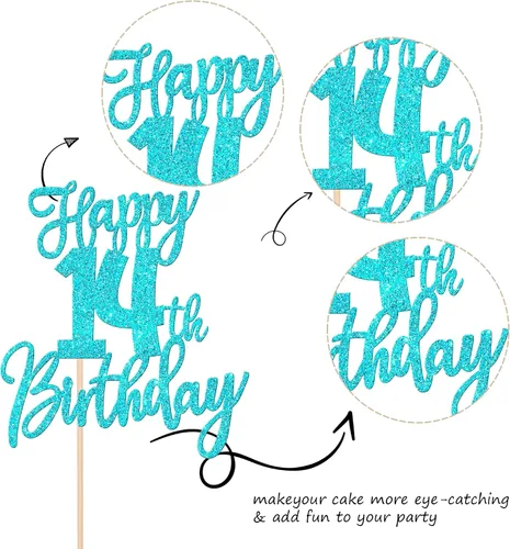 Miniatura 3 de 1 unidad de decoración para pastel de feliz 14 cumpleaños, decoración para pastel de 14 años, decoraciones para pastel de cumpleaños número catorce