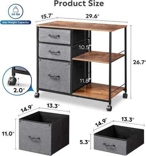 Miniatura 3 de DEVAISE Archivador móvil de 3 cajones, soporte de impresora rodante con estante de almacenamiento abierto, archivador lateral de tela para tamaño A4