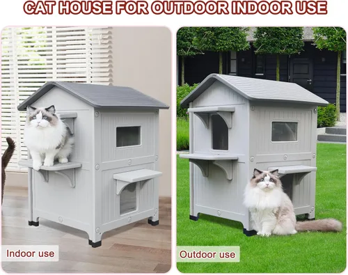 Miniatura 12 de Rockever Casa de gatos al aire libre de plástico con forro aislado, 100% casas de gatos al aire libre aisladas para invierno, refugio para gatos al