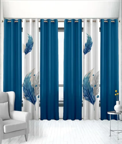 Cortinas de plumas azules con ojales, juego de 6 piezas (2 cortinas estampadas, 4 cortinas lisas, 38 x 84 pulgadas), cortinas decorativas estampadas