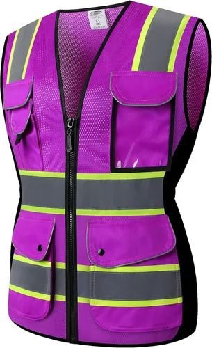 JKSafety Chaleco de seguridad reflectante de alta visibilidad para mujer, tiras reflectantes cosidas en el cuerpo de color neón, transpirable,