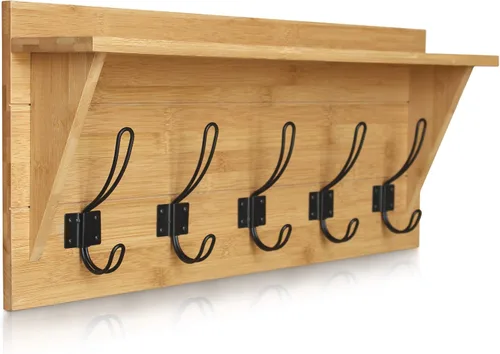 Miniatura 11 de HBCY Creations Perchero de pared de madera maciza color marrón rústico con estante, 5 ganchos, 24 pulgadas de largo, cocina, vestíbulo, entrada