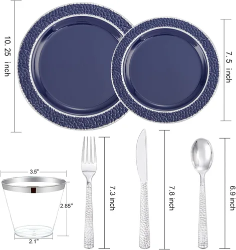 Miniatura 7 de Ciaell 150 platos de plástico azul y plateado – El plato desechable azul incluye 50 platos, 25 cuchillos, 25 tenedores, 25 cucharas, 25 tazas