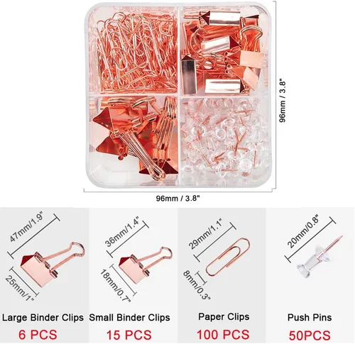 Miniatura 2 de Clips para carpetas de papel con caja para suministros de oficina, escuela y hogar (oro rosa)