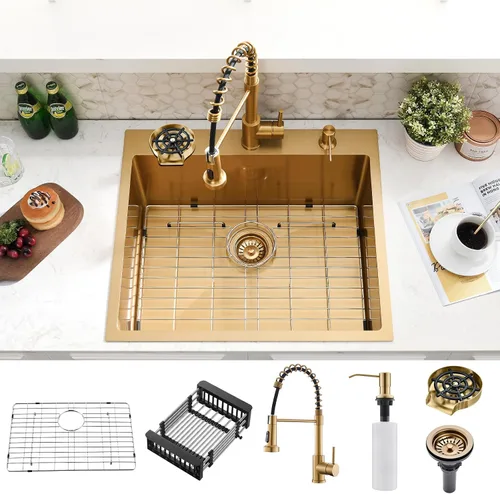 Miniatura 10 de Fregadero de barra empotrable de 15 pulgadas con combo de grifo Acero inoxidable dorado, tazón individual de montaje superior, diseño moderno