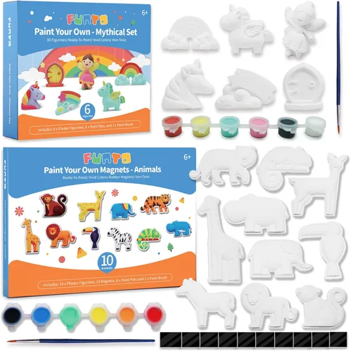 Funto Pinta tu propio unicornio y animal, juego de 16 figuras de arte y manualidades para niños, cerámica para pintar, proyectos de vapor, actividad