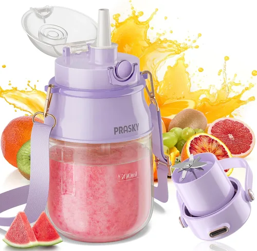 Licuadora Portátil, Licuadoras Personales Prasky para Batidos y Smoothies con Vaso de 27oz, Tapa y Correa para el Hombro, Recargable USB Tipo-C,