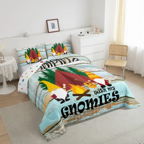 Miniatura 3 de Juego de ropa de cama de campamento para niños, tamaño individual, juego de edredón de gnomos kawaii para niños y niñas, edredón vintage de madera