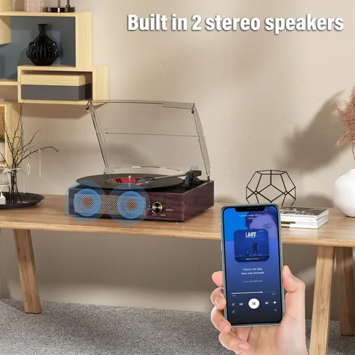 Miniatura 6 de Tocadiscos de vinilo con receptor Bluetooth incorporado y 2 altavoces estéreo, tocadiscos retro portátil de 3 velocidades y 3 tamaños para el Marrón