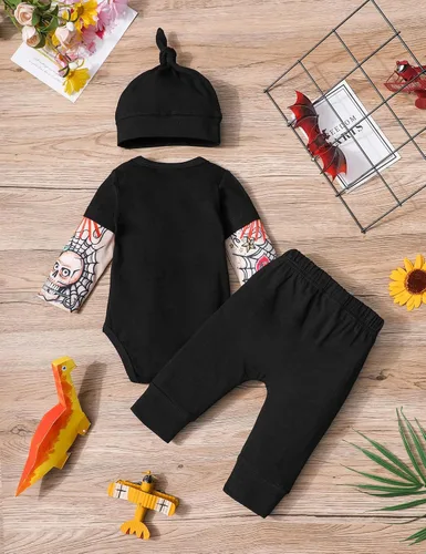 Miniatura 5 de Conjunto de 3 piezas de ropa para bebé y niño, manga de tatuaje, mameluco divertido y pantalones