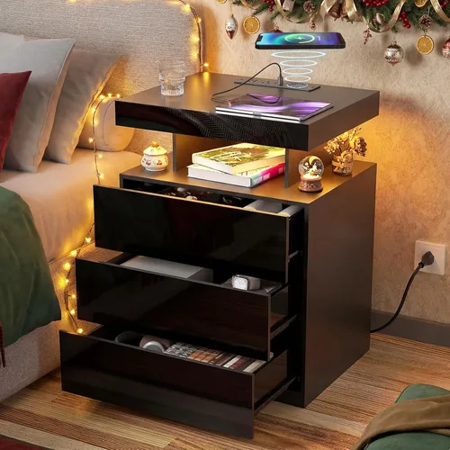 Miniatura 9 de HOMMPA - Mesita de noche LED con estación de carga inalámbrica y puertos USB, mesa de noche moderna, mesita de noche de 3 cajones con compartimento