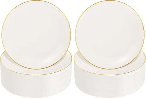 Miniatura 12 de Nervure - Juego de 100 platos de plástico desechables negros de 7.5 pulgadas, platos de postre negros desechables, platos de plástico dorado