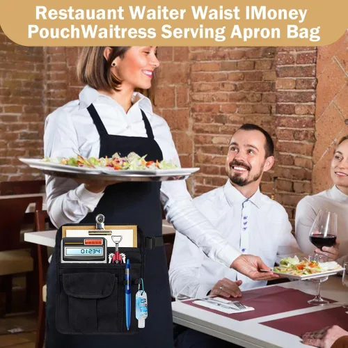 Miniatura 6 de Delantal de limpieza profesional con 5 bolsillos y cinturón ajustable en la cintura, camarero, chef, camarero, para mujeres y hombres, restaurantes