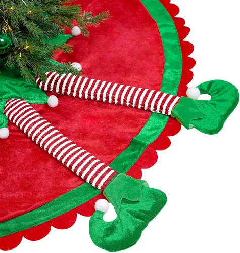 Miniatura 7 de Valery Madelyn Falda de Árbol de Navidad de Elfo para Decoraciones de Árbol, 36 Pulgadas de Tela Encantadora Roja Verde Pequeña Falda de Árbol