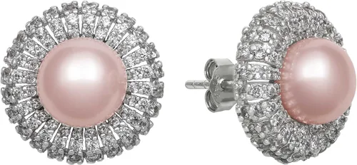 Belacqua Aretes tipo dormilona con perlas de agua dulce cultivadas en rosa y circonita cúbica en plata de ley, joyería para mujer, caja de regalo