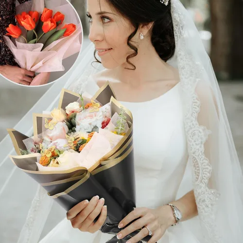 Miniatura 3 de FF Sgdfc 300 hojas de papel de regalo de flores con borde dorado, impermeable, ramo de embalaje, suministros de ramo de floristería para bodas