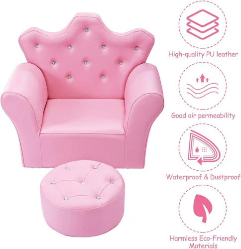Miniatura 4 de Sofá para niños de Costzon, sofá tapizado para niños con otomano, sofá de princesa con decoración de diamantes, otomano, silla para niños de PVC