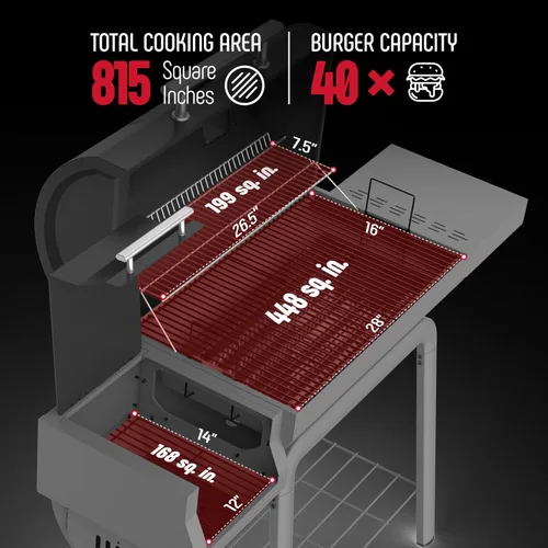 Miniatura 3 de Feasto - Parrilla de carbón con ahumador lateral y mesa auxiliar, parrilla de exterior de 30 pulgadas de alta resistencia con 832 pulgadas cuadradas