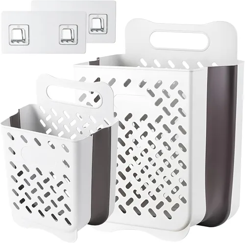 Cestas de lavandería plegables de plástico con asa de transporte, cesta de lavandería para colgar en la pared que ahorra espacio, cesta de Gris
