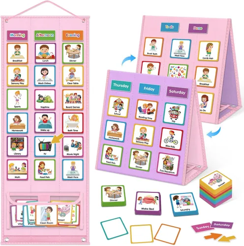 Miniatura 13 de Calendario visual para niños, 170 tarjetas visuales magnéticas y tablero magnético de tres pliegues, tabla de rutina diaria para autismo, TDAH