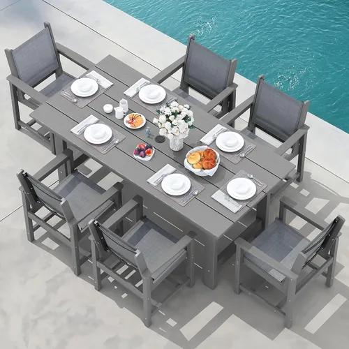 Miniatura 17 de SERWALL Juego de Mesa de Comedor de HDPE para Exteriores, Juego de 7 Piezas de Mesa de Comedor al Aire Libre con Mesa con Corte para Agujero de Gris
