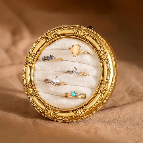 Liliaafar Soporte para anillos vintage, anillo redondo de oro, exhibición de boda, joyero, marco de gamuza, bandeja para aretes, aniversario, Dorado