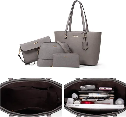 Miniatura 64 de Juego de 4 bolsas modernos para mujer de cuero sintético: bolso tote, bolso de hombro, bolso de mano y cartera.